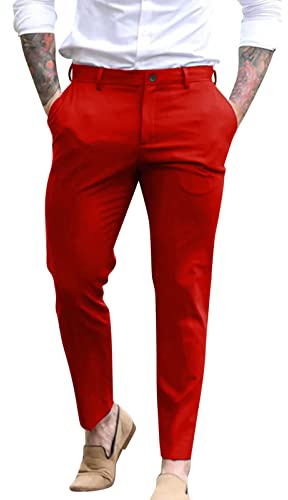 Pantalon chino pour homme, coupe ajustée, jambe fuselée, pantalon formel en coton sergé élégant, décontracté, pantalon extensible, pantalon d'affaires avec poches, Rouge, L