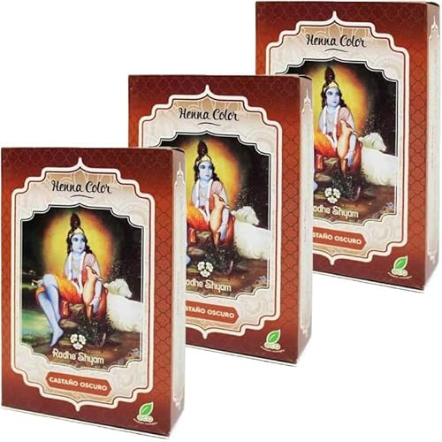 Pack 3x Henna Castaño Oscuro en Polvo 100g | Rhade Shyam | Coloración Capilar Vegetal | 100% Natural y Vegana | Sin Amoniaco ni PPD