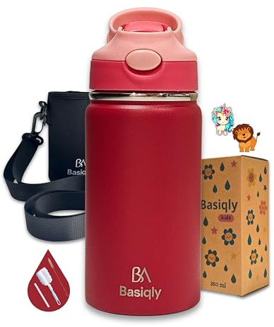 Gourde Enfant Inox avec Paille, Anti fuite, Sans BPA, Facile à ouvrir, Facile à nettoyer Avec Housse, Stickers, Set de nettoyage, Paille de rechange, École Sport, Cadeau Fille Garçon (ROUGE GRENADINE)