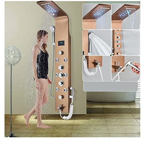 Svart LED-duschpanel Sex funktioner Vattenfall duschpanel Badrumskran Badrum SPA Massage Jet Badkar Mixer Massagespruta(8009 Rose Gold)