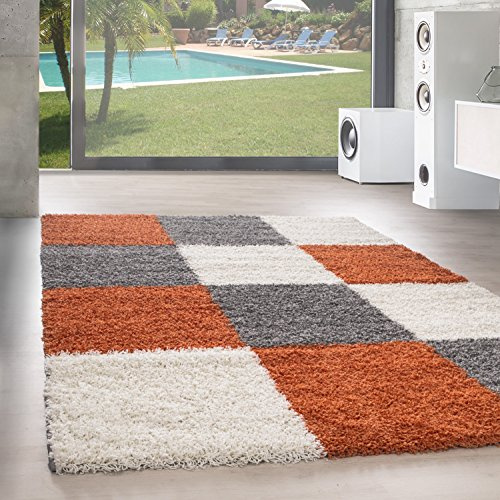 SIMPEX Teppich Wohnzimmer Shaggy Moderne Kariert Design Terrakotta 160 x 230 cm - Hochflor Teppich Schlafzimmer Extra Weich und Pflegeleicht - Flauschiger Teppich Langflor für Küche Carpet Living Room
