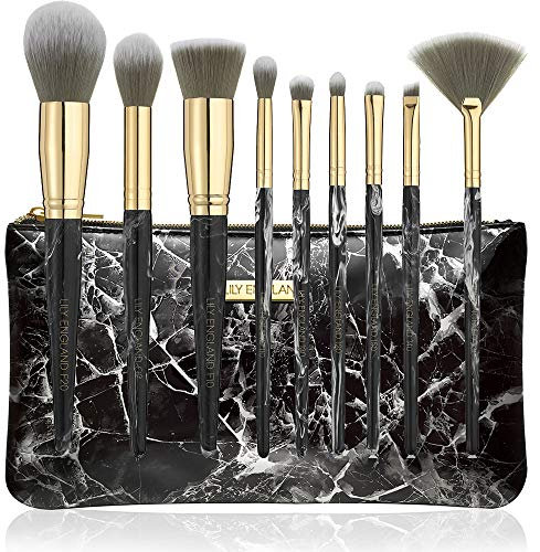 Marble Makeup Brush Set with Case - 9 Professional Face and Eye Make up Brushes (Black Marble and Gold) by Lily England