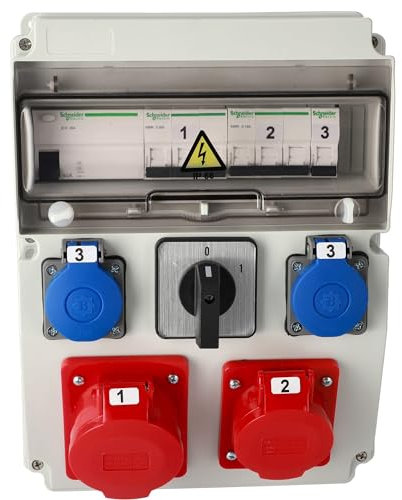 EDO, Distribuidor de energía para obras compatible con Schneider para protección ASTAT 393 Plus IP65 32A/5P, 16A/5P, 2x200/250V SCHUKO IP44, 0-1(32A), EDO777393