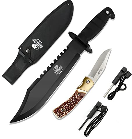 MOSSY OAK 15-inch Survival Bowie Knife & Folding Pocket Knife, Fixed Blade Hunting Knife with Sheath, Sharpener and Fire Starter Inculded, Tactical Knife for Camping, Hunting, Outdoor