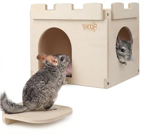 Castle Chinchilla House, Small Animal Hideout for Chinchilla, Guinea Pig, Hedgehog, or Rat, Ventilated Wooden Hamster Habitat with Multiple Doors, Made from Natural Wood