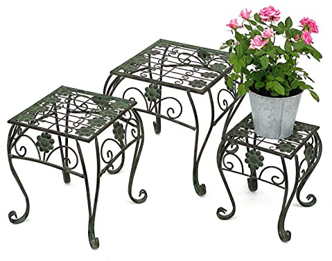 Set di 3 sgabelli per fiori in metallo, colore verde, rettangolare, 96007, con colonna di fiori, stile vintage