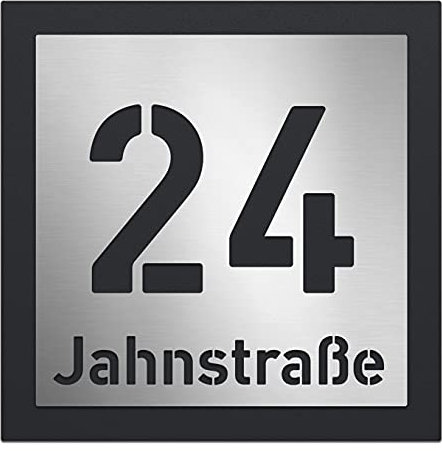 AlbersDesign - personalisierte Edelstahl-Hausnummer, zweiteilig mit 3D Effekt, Rückwand pulverbeschichtet in RAL7016, Frontblende in Edelstahl (V2A) gebürstet