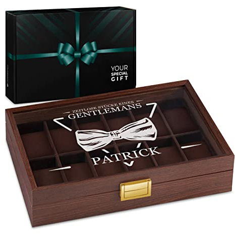 Maverton Uhrenbox mit Gravur für 12 Uhren - Uhrenkasten aus Holz - 31x21x7,5cm - Magnetverschluss - für Herren - zum Geburtstag - zu Weihnachten - Farbe: Weinrot - Gentleman