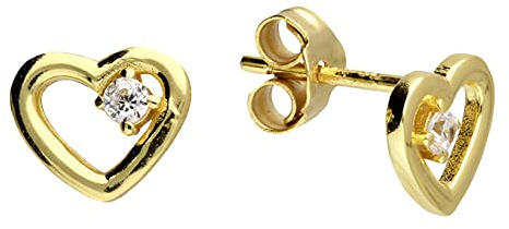 9ct Yellow Gold on Silver Heart Stud Earrings ~ Cubic Zirconia