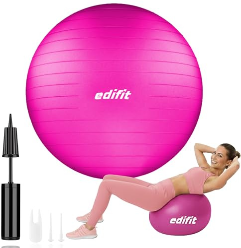EDIFIT, Ballon Grossesse, 55, 65 et 75, Swiss Ball, Gym, Pilates, Gonfleur Inclus, Fitness Materiel, Gymnastique, Yoga Accessoires (55cm, Rose)