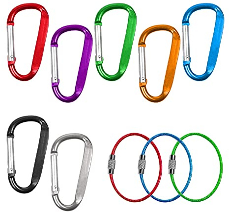 Set di moschettoni D in lega alluminio; 7 pezzi, 3 corde colorate per campeggio, escursionismo, pesca, viaggi, camper di famiglia, accessori esterni (7 colori)