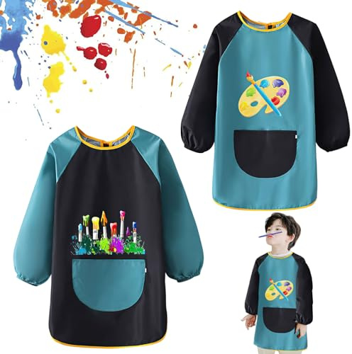 Funmo Painting Apron, 2 Pieces Art Aprons, Painting Coat for School, Waterproof for 6-12 Years Girls/Boy, Craft Apron for Painting (Green)
