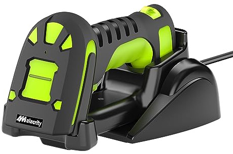 Alacrity Upgraded 2D Industrial Barcode Scanner with Wireless Charging Stand, 1968 Feet Transmission Distance 433Mhz Wireless & Bluetooth 2in1 Barcode Reader, Shock Dust Proof Hands Free, Green