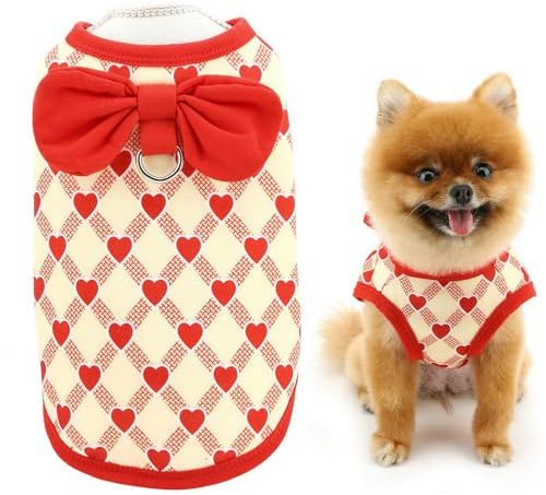 SMALLLEE_LUCKY_STORE fleece hundtröja för liten hund hjärta rutig husdjurströja med D-ring rosett valp pullover varm vinter höst tröja chihuahua vardagskläder utomhuskläder, röd, S