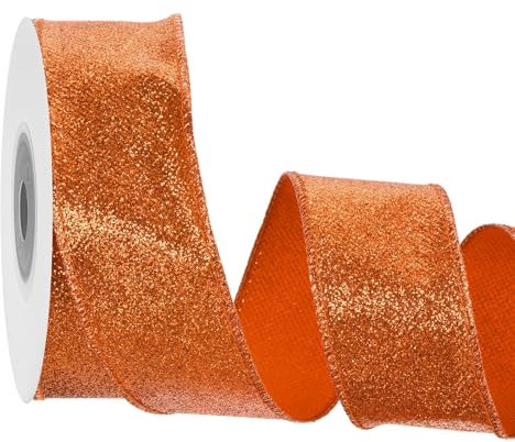 sourcing map 1.6 Inch/4cm Glitter Wired Ribbon, Orange Sparkly Iridescent Ribbon 10 Yard for Christmas Tree Wreath Decoration Gift Wrapping, with Metallic Edge