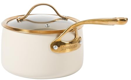 Bloomhouse - Two Time Oprah's Favorite Things Winner - 3 Quart Heavy Duty Aluminum Premium PFA Free Ceramic Nonstick Saucepan with Lid - Almond Cream w/Gold Handle