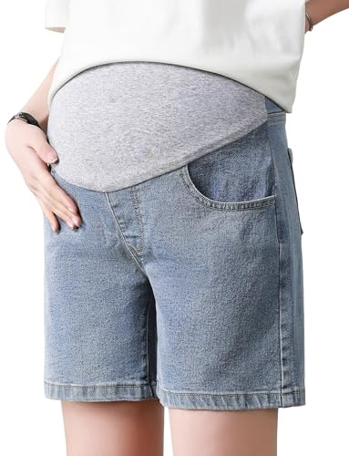FEOYA mamma-denim jeans shorts över magen helpanel casual graviditetsbyxor sommar korta fritidsbyxor S-4XL, Gammalblå, L