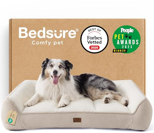 BEDSURE waschbares Hundebett Grosse Hunde - 106x76cm extra Dicke unterstützende Hundesofa mit wasserdichter Hülle, rutschfest Hundekorb große mit weichem plüsch Sherpa,Creme