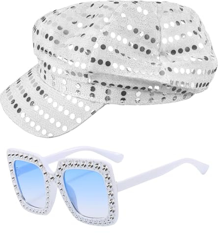 GWAWG Ensemble de lunettes de soleil à paillettes pour femme, accessoires disco des années 70, chapeau de costume rétro pop star, costume hippie vintage Diva pour anniversaire, Halloween, accessoire