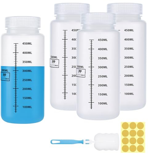 Sheryl&Rain 4 stycken 500 ml stora halsflaskor, laboratoriekemiska reagensflaskor, plastflaska med bred öppning, bred hals flaska med skruvlock, för laboratorium
