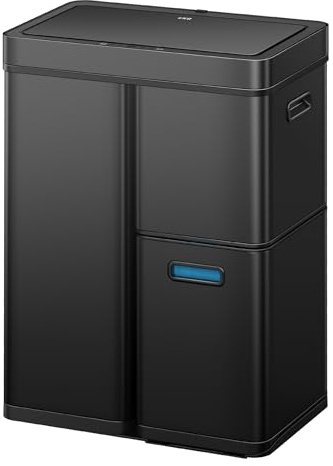 EKO Mirage Plus Poubelle à 3 compartiments, 2 x 15 l et 30 l, poubelle de recyclage avec capteur, 3 seaux intérieurs en plastique, poubelle automatique avec couvercle, grande poubelle de cuisine de 60