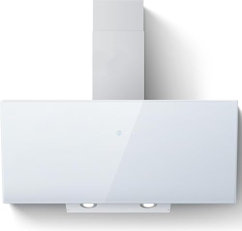 SNDOAS Campana Extractora Inclinada 90 cm, 700 m³/h Extractor Cocina de Filtro de Carbón Activo, A++, 3 Velocidades + Función Boost, Panel Táctil con Vidrio Templado, Recirculación/Extracció, Blanco