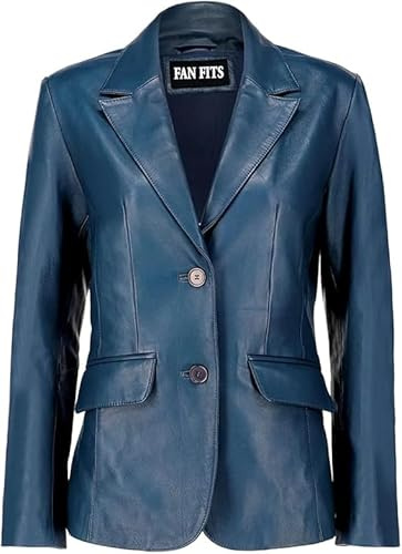Women’s Lambskin Classic 2-Button Leather Blazer – Casual Long Sleeves Coat, Stylish Leather Blazer & Plus Size Jacket (US, Alpha, X-Large, Regular, Regular, Women Leather Blue Coat)