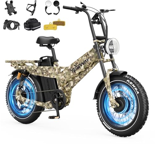 TESWAY Dual Motor Electric Bike, 52V 60AH 320KM Long Range Ebike, Hydraulic Brakes & Full Suspension, 20 Fat Tire with 7-Speed Electric Bike for Off-Road, Commute, Cargo (X7AWD-Dual Motor, Camo)