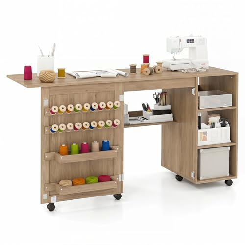 COSTWAY Folding Sewing Table, Rolling Craft Table Hobby Desk with Storage Shelves, Yarn Bins, 18 Pegs and 6 Lockable Wheels, Drop Leaf Sewing Machine Table Cabinet Computer Desk Workstation (Coffee)