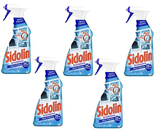 Sidolin Multi-Flächen-Reiniger, für streifenfreien Glanz auf über 25 Flächen, (5 x 500 ml) Sprühflasche