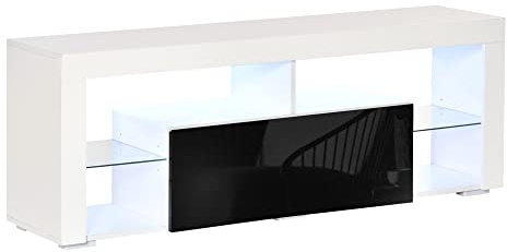 HOMCOM Mueble de TV para Televisiones de 55”Pulgadas Mesa para TV de Salón con Luz LED 6 Modos de Colores Mando a Distancia Cajón Estantes de Cristal Ajustables y Alto Brillo 140x35x52 cm Blanco