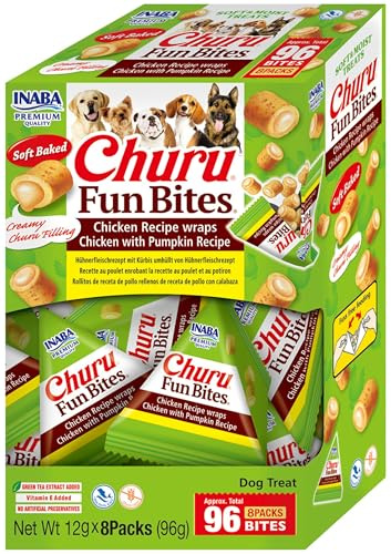 INABA Churu Fun Bites Snack per Cani, Bocconcini di Pollo e Zucca - 8 Pack x 12gr - Premietti per Cane Morbidi e Deliziosi - Cibo per Cani Senza Conservanti o Coloranti Artificiali, Grain-Free