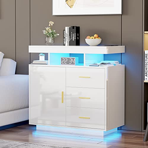 LVSOMT LED Sideboard mit Ladefunktion, Kommode mit 3 Schubladen und 1 Türen, Buffetschrank mit 3 Farben Licht, Kommode für Schlafzimmer Wohnzimmer Flur, Modern Schubladenschrank Holz, Weiß Hochglanz