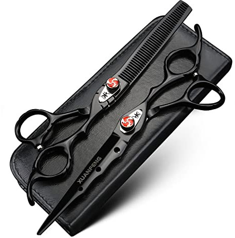 XUANFENG Forbici per capelli nere da 7 pollici, adatte per famiglie o barbiere, forbici professionali in acciaio 440C e forbici per diradamento