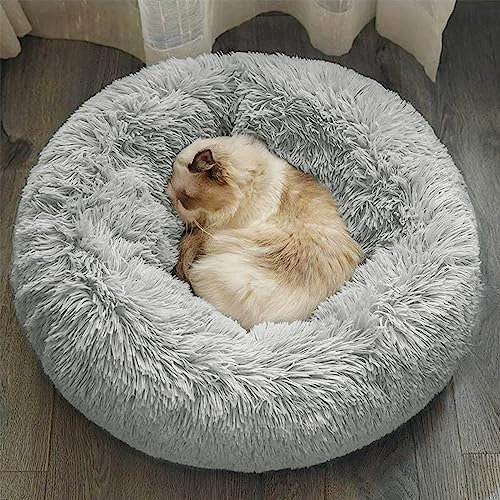 Katzenbett Hundebett, Kuscheliges und Weiches Flausching Hundebett und Katzenbett, Kompressionswiderstand und Waschbar Donut Haustierbett, für Kleine Bis Mittelgro ß e Hunde und Katzen(60CM,Hellgrau)