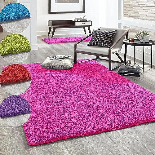 VIMODA Hochflor Teppich Prime Shaggy Langflor Wohnzimmer Schlafzimmer Rund Farbig, Farbe:Pink, Maße:Ø 120 cm Rund
