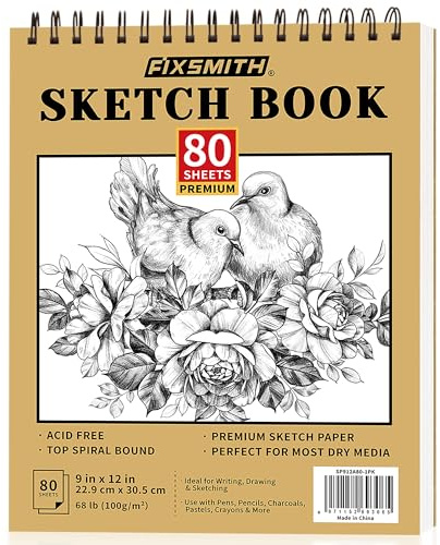 FIXSMITH 9X12 Sketch Book | 80 Sheets (68 lb/100gsm) Sketchbook | Top Spiral Bound Artist Sketch Pad | Acid Free Drawing Pad | Ideal for Kids, Beginners, Artists & Painters | Bright White