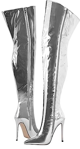 blingqueen Bottes hautes pour femme Stiletto vernies, argenté, 41 EU