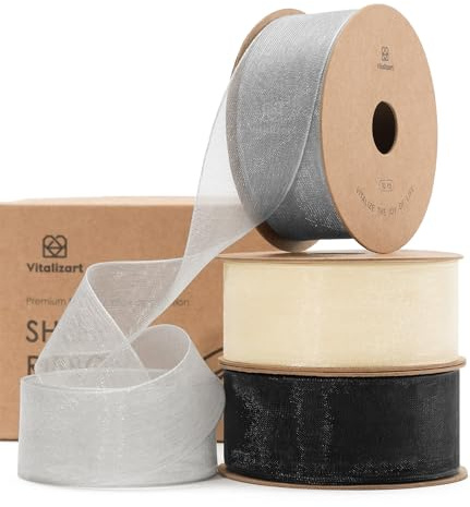 Vitalizart White & Black & Grey Organza Ribbon 1'' x 30Yd for Crafting