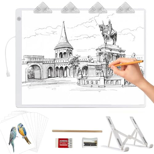 Mesa luminosa A3, 42 × 32 cm, almohadilla de luz grande con soporte y clips, ultrafina, cuadro de luz muy brillante para dibujar, esbozar, brillo ajustable (blanco)