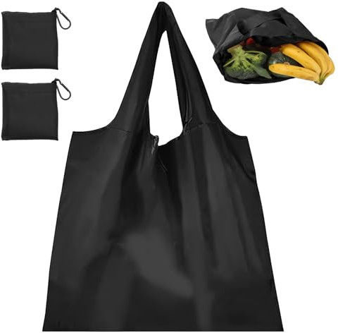 Miunpri Einkaufstasche Faltbar Tote Bag 2 PCS Jutebeutel Shopping Bag mit 2 Haken, Wiederverwendbare Umweltfreundliche Einkaufstaschen für Wäsche Sport Shopping Lebensmittel (Schwarz)