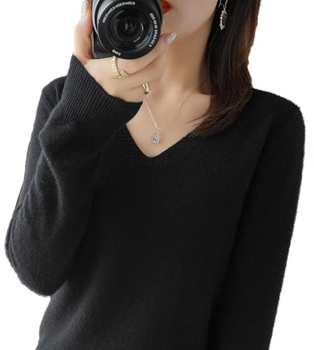 Suéter de Punto de Cachemira de Las Señoras, Cuello en V, Señoras Suéter Casual Suéter de Punto, Color Sólido Suave Suéter de Punto, Suéter Casual de Manga Larga con Cuello en V (Negro,XL)