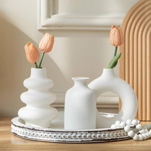 [AiiBowy] Jarrones de Cerámica Blanco [ 3 Piezas ] - Jarrón de Cerámica Grandes - Cerámica Mate, Redondo, Diseño Moderno, Bohemio para Decoración, Flores, Salón, Dormitorio (Blanco 3 Piezas)