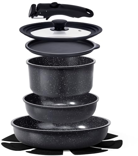 GiPP 8-Teiliges Topf und Pfannenset, Antihaft-Kochgeschirr set,stapelbares TöPfe Set, Für Alle Herdarten, Abnehmbarer Griff, Ofenfest, Stapelbar Platzsparend(Schwarz,8PCS PLUS)