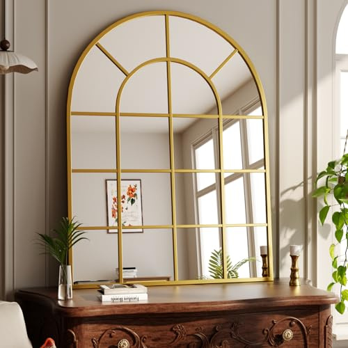 Koonmi Espejo de pared curvado de 100 x 75 cm, con rejilla, espejo decorativo de vidrio templado a prueba de explosiones, adecuado para dormitorio, entrada, color dorado