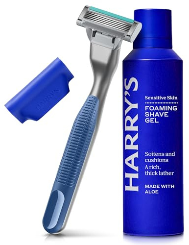 Harry's Plus Razor for Men - Trial Set - 1 Handle and Razor, 120ml Foaming Shave Gel and Travel Blade Cover - Blue
