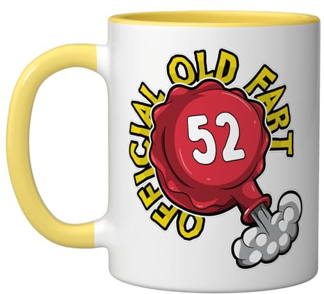 52nd Birthday Official Old Fart Funny Red Whopee Cushion Ceramic Mug, Yellow/White