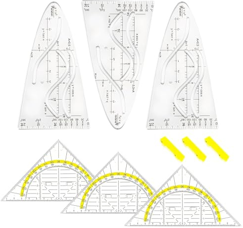 6 Piezas Transportadores de Ángulos, Plantilla Parábola Transparente, Transportador de Angulos Plástico,Geometría Triángulo Escuadra Transportador con Mango,Set de Geometría para Estudiantes Diseñador