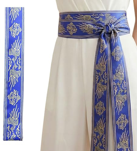 LEESLE Royal Korean Belt – Wonsam Inspired Hanbok Waist Sash for Women, Embroidered Traditional Fashion Scarf, 7 Colors (Blue)