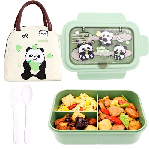 Panda Scatole Bento Kit, Porta Pranzo Lunch Box con Borsa Termica Posate Schiscetta Pranzo con Scomparti Borse Frigo Pranzos Bento Box Studente Portapranzo Portatile per Picnic Scuola Uffici(Verde)
